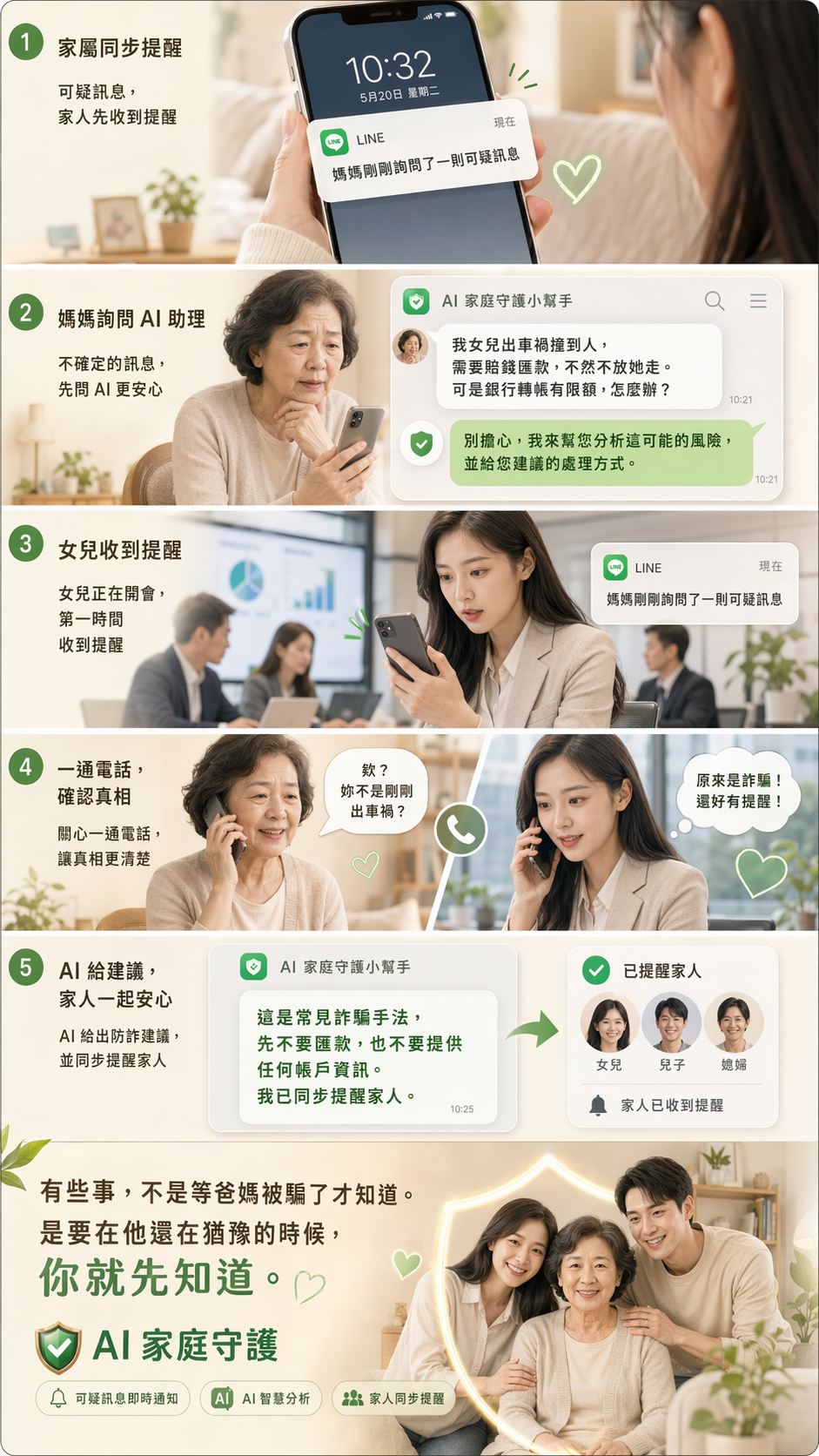 家屬同步提醒：爸媽在 LINE 跟好說聊了什麼、遇到什麼可疑訊息，重要的事會即時通知家人，平常的對話則整理成摘要，讓你不在身邊也安心。