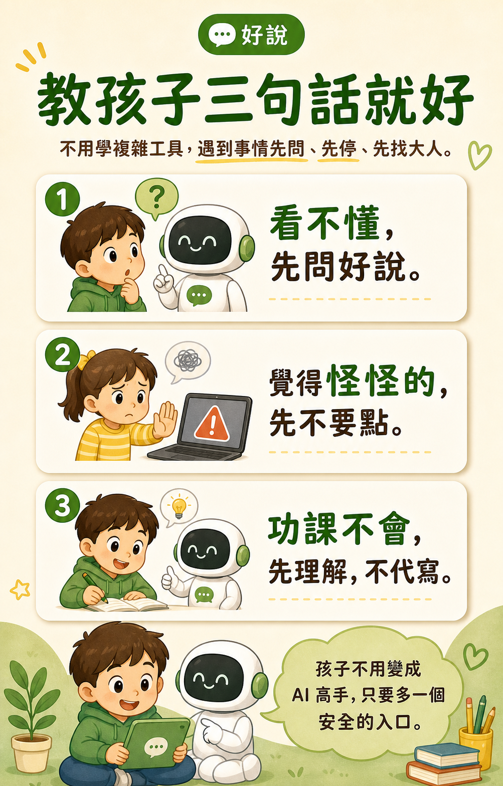 教孩子三句話就好：看不懂先問好說，覺得怪怪的先不要點，功課不會先理解不代寫。